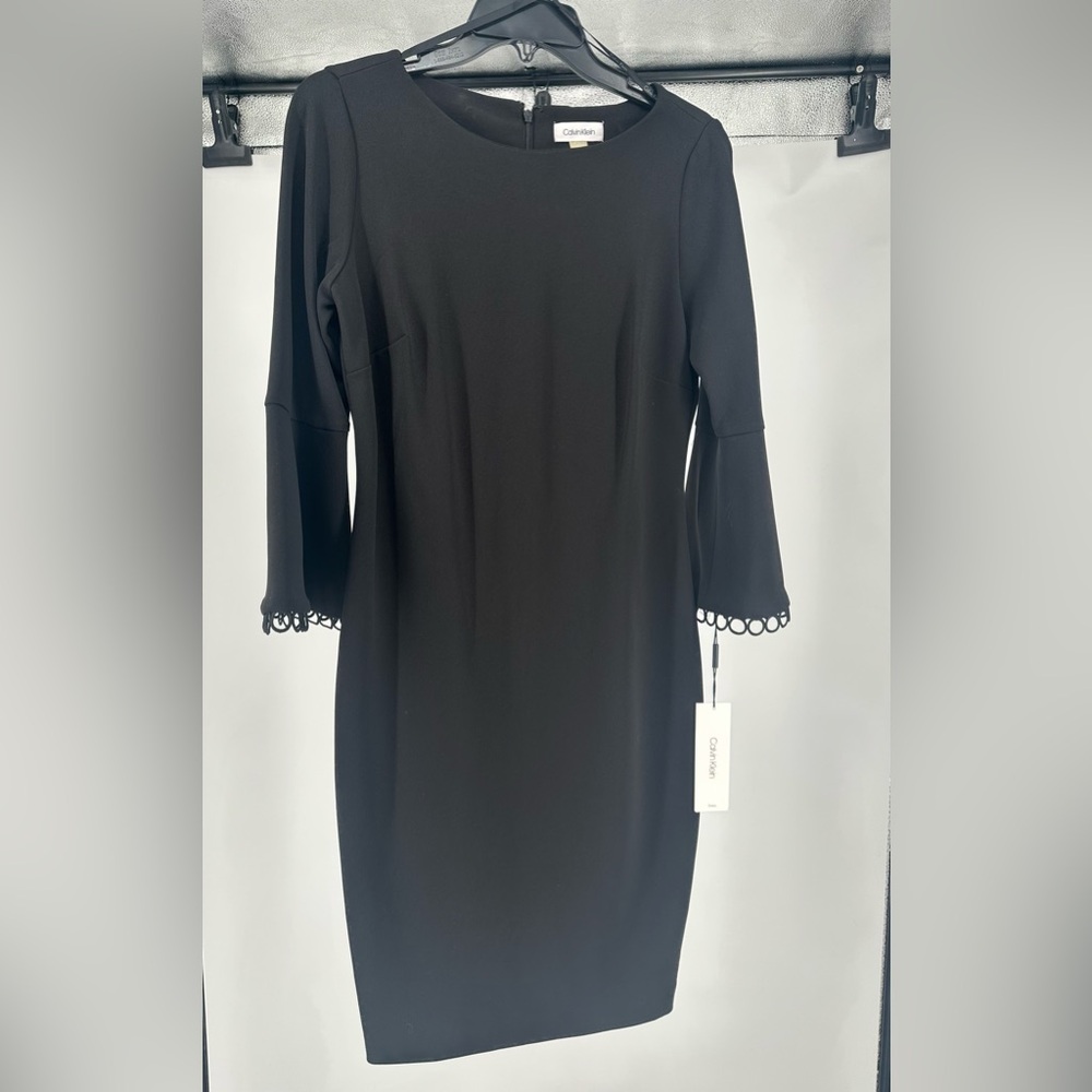 Calvin Klein Black Bell Sleeve Sheath Dress with Lace Trim - Size 6